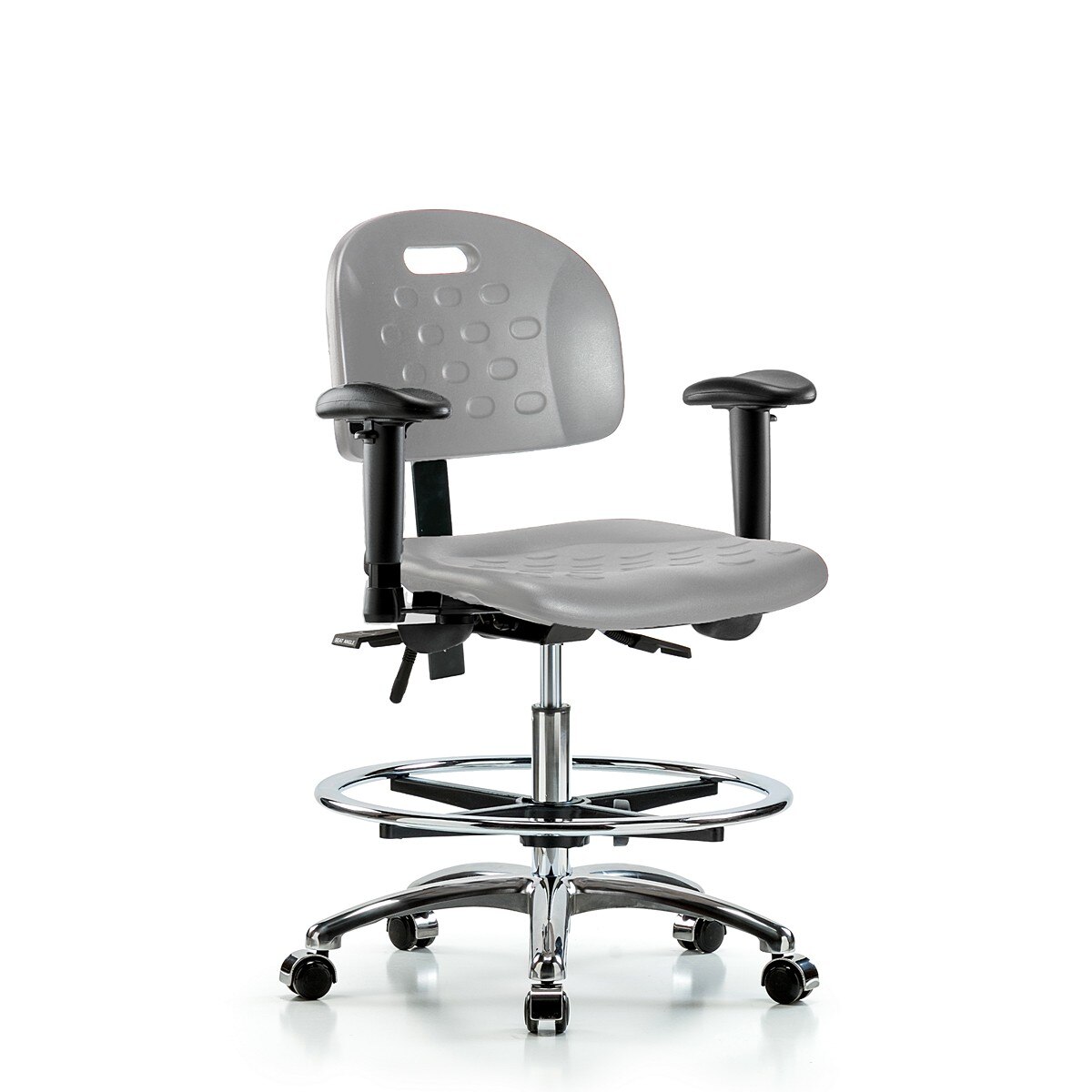 Black Polyurethane Laboratory Chair | Medium Bench Height with Seat Tilt,  Chrome Foot Ring, & Casters